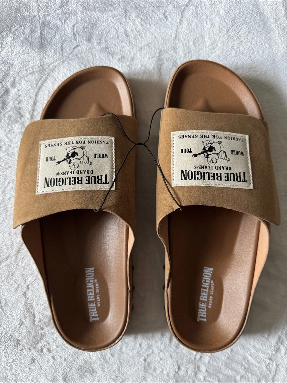 True Religion Tan Brown Slide Sandals with Patch Logo